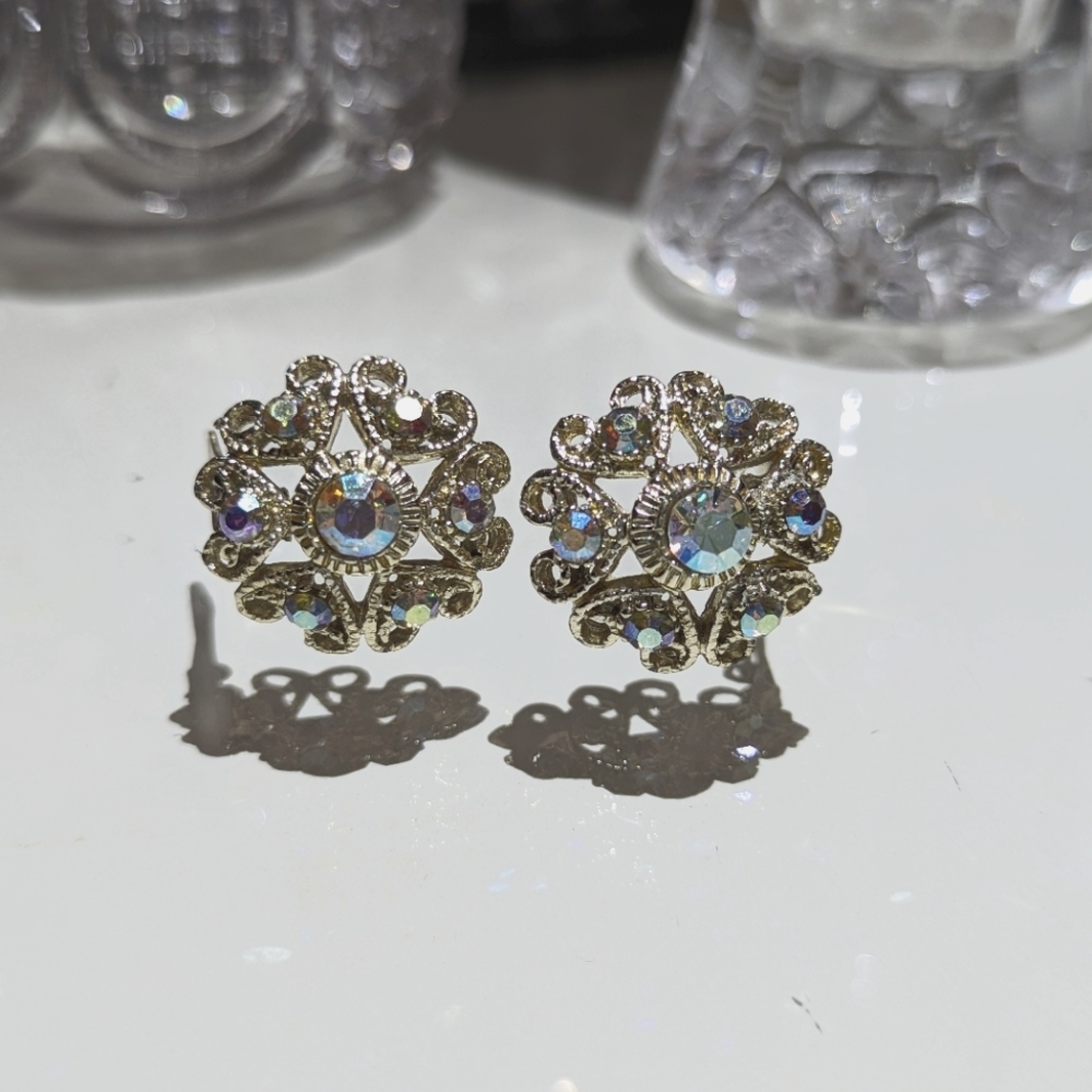 Vintage Multi-colored Diamonté Aurora Ab Crystals Clip-on Earrings - Picture 1 of 4